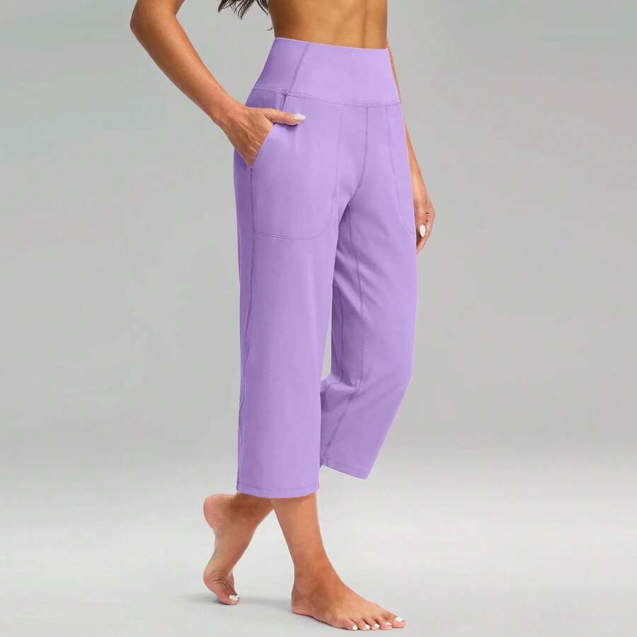 Pantalones Capri de pierna ancha de cintura alta para mujer, pantalones ajustados de tela elástica tejida para Fitness, pantalones de Yoga para deportes al aire libre y interiores - Morado - Ver 1