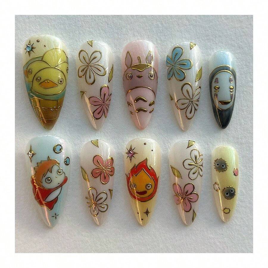 Press On Nails - 30 Pieces Of Cute Painted High-Quality Almond Wear Nails, Gilt Flowers, Fish And Stars, High-End Nail Art Tablets - DM-234 - 查看 1