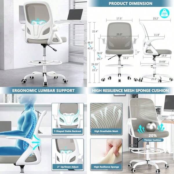 Kensaker Silla de Dibujo Alta con Anillo Reposapiés para el Hogar y el Trabajo, Silla Ergonómica de Escritorio para el Hogar y Oficina con Brazos Abatibles y Soporte Lumbar, Silla Ejecutiva de