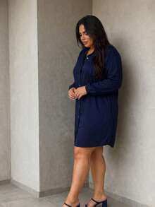 Plus Size Viscose Shirt Dress, Elegant, Lightweight, All Curve - 藏蓝色 - 查看 2