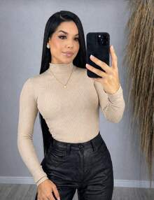 Women's Ribbed Turtleneck Long Sleeve Blouse For Winter - 米色 - 查看 2