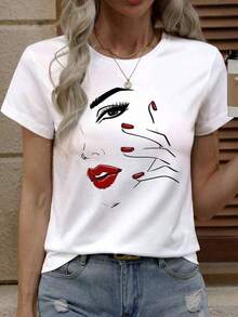 Soft 100% Cotton T-Shirt, 1 Piece, Plus Size Fashion Blouses, Graphic Print Round Neck T-Shirt, Women's Graphic Tees, Breathable Cotton Blouse, Goes With Everything, Great. - 白色 3 - 查看 6