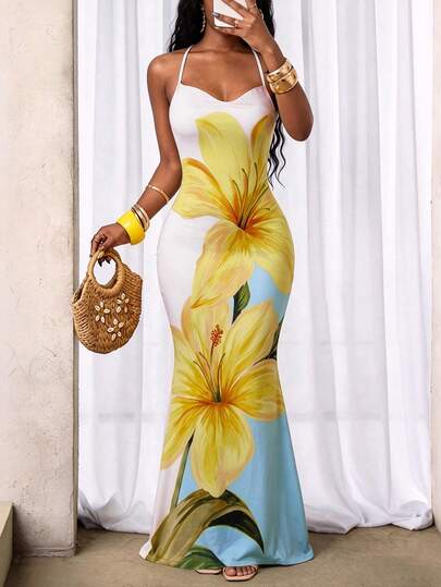 DVSLOE Women's Elegant Y2K Summer Floral Print Sleeveless Romper, Yellow Square Neck Casual Streetwear Bodycon Short Jumpsuit. Suitable For Daily Commuting, Street Outings, Casual Gatherings, Holiday Vacations, Weekend Hangouts, Summer Outfits For Women, Rompers For Women, Floral Print Jumpsuits, Summer Jumpsuits For Women