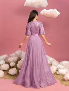 ALISA&LEO Gaun Formal Anak Perempuan Berpayet dengan Lengan Berkerut dan Rok Tulle Model A-Line, Sempurna untuk Prom, Pesta Malam, Kontes Kecantikan, dan Pesta. - Dusty Pink - View 3