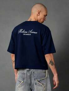 ZWLPOYE Melrose Avenue Los Angeles Crop-Shirt Urban Streetwear Script Back Print Casual Summer Lightweight Top Boxy Style Hop Fashion Downtown Culture-Unisex Comfortable Retro Cotton-Shirt-L91 - 藍色 - 查看 1