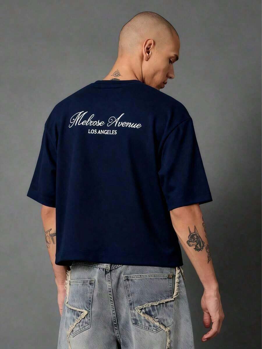 ZWLPOYE Melrose Avenue Los Angeles Crop-Shirt Urban Streetwear Script Back Print Casual Summer Lightweight Top Boxy Style Hop Fashion Downtown Culture-Unisex Comfortable Retro Cotton-Shirt-L91 - 藍色 - 查看 1