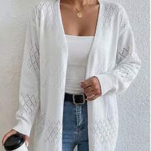 Plus Size Women's White Open Knit Cardigan, V Neck Long Sleeve Hollow Out Crochet Sweater, Casual Loose Open Front Outerwear For Spring Fall - trắng - Xem 9