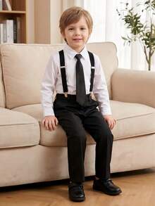 Bộ vest 4 món cho bé trai 3-10 tuổi, bộ lễ phục tuxedo trang trọng cho trẻ nhỏ, bao gồm trang phục người mang nhẫn cưới với quần, áo sơ mi, cà vạt, dây đeo quần, trang phục lễ phục màu đen cho bé trai. - màu đen - Xem 1