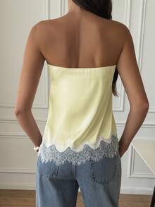 Áo quây mùa hè thanh lịch, gợi cảm với viền ren và chất liệu satin. - Vàng nhạt - Xem 6