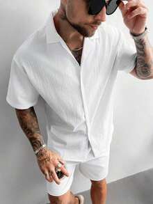 2pcs Men's Summer Set, Lightweight Breathable Cuban Linen Shirt And Drawstring Shorts Set, Vintage Gentleman Style Casual Beach Wedding Party Holiday Travel Outfit, Father's Day Gift For Husband, Dad, Boyfriend, Comfortable & Versatile - 白色 - 查看 4