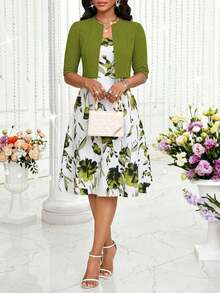 aLady Conjunto de 2 piezas de verano con top corto de unicolor elegante y vestido con estampado floral para mujer - Negro - Ver 9