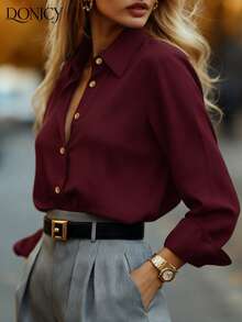 Cárdigan de mujer de un solo botonadura con cuello de camisa, de unicolor. Moda elegante, minimalista y versátil para uso diario. Color vino tinto, apto para uso casual, académico, de negocios, formal, citas y compras. - Burdeos - Ver 6