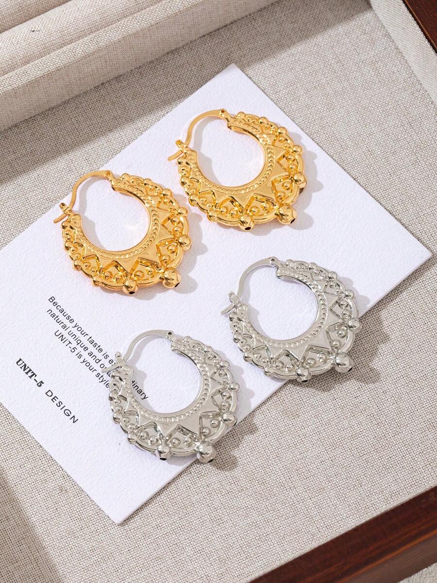 1 Pair Crown Shaped European & American Style Earrings, Lightweight Hollow Hoop Earrings With Elegant Vibe - Multicolor - View 1
