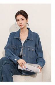 Women's Washed Denim Jacket Short Length Casual Retro Style Loose Fit Autumn Coat - Dark Blue - View 4