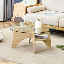 Round, Modern Side Table In Tempered Glass (Ø 80 Cm), With A Multifunctional Design. Fan-Shaped Base. MDF Legs With A Walnut Finish. Ideal For Dining Room, Living Room, Office, Etc. - Natural Color - View 9