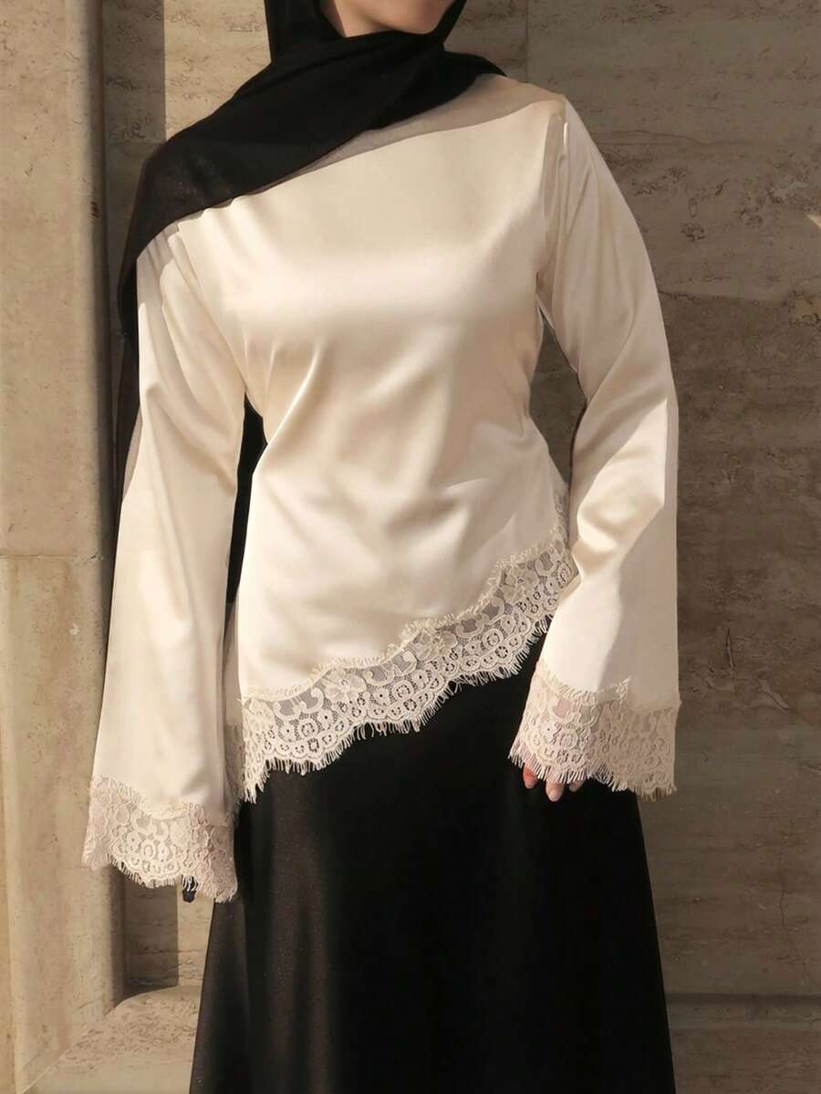 女士优雅通勤缎面衬衫，蕾丝拼接圆领长袖系腰上衣，纯色梭织蕾丝拼接不对称/不规则优雅办公室日常约会上衣（白色半透明）