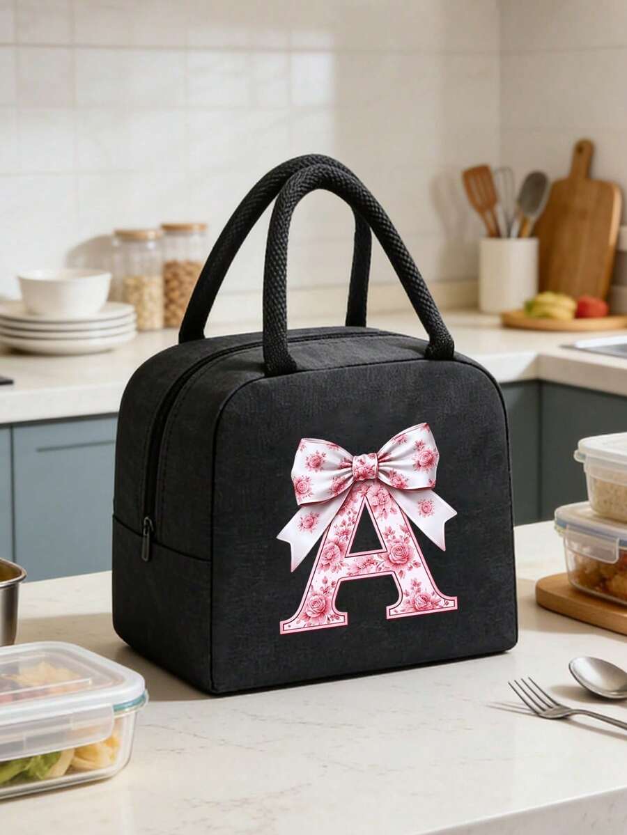 Elegant Pink Bow Pattern Insulated Lunch Bag, Large Capacity Student Lunch Storage Bag, Portable Travel Picnic Bag; Multi-Functional Tote Bag. Black Cutlery Storage Bag. Spring/Summer Essential. Suitable For Office, Outdoor, Vacation, Travel, School. Birthday Gift, Wedding Accessory, Back To School Gift, Mother's Day Gift, Bridesmaid Gift, Easter Gift. Suitable For Family, Friends And Couples
