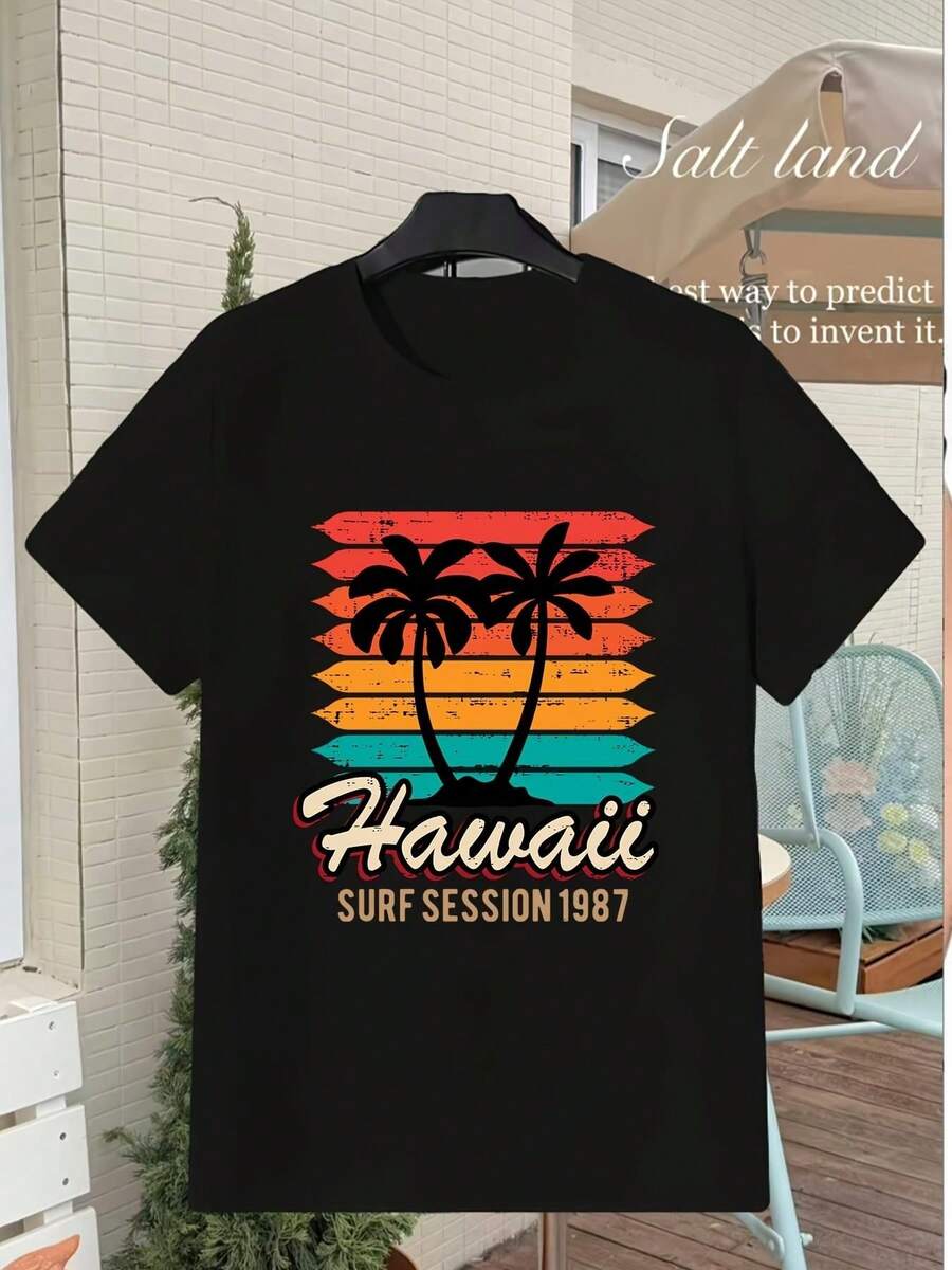 T-shirt du club de surf hawaïen 1987 : Cool et confortable, 180g, style vintage - Parfait pour les vacances en famille, les rassemblements d'entreprise et comme cadeau de fête, T-shirt homme, été, T-shirts homme, T-shirts à manches courtes - Noir - Voir 1