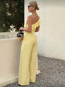 A&DD FASHION, Reference Number: Y493 - Set, Women's Two-Piece Suits, Wide-Leg High-Waisted Trousers, Pants, Sweater, Crop Top, Ruffled Hem Design, Comfortable To Wear, Sophisticated Look, High Quality, Stylish Look, Versatile, Elegant Style, Two-Piece Suits, Casual Chic Look, Comfortable And Stylish, Trousers With Pockets, Elegant Suits, Perfect For Spring And Summer, Blogger Style, Casual And Formal, Suitable For All Occasions, Elegant And Modern, Feminine Look, Summer 2025 Collection. - 淡黃色 - 查看 4