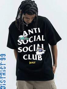 T Shirt Print ,Graphic-Cotton Tees Size Plus, Cartoon Round Neck Short Sleeve, Anti Social Club Graphic Cropped T-Shirt For Boys And Girls Men, Women All Ages Family T-Shirt Letter New Streetwear Clothing Harajuku T-Shirt Cotton Half Sleeve Tee, Y2K Style Casual Cotton Classic Crewneck Design Tee,Y2K,Oversized Shirt Men,With Shirt,Summer Tops,Shirt Suitable - 黑色 - 查看 1