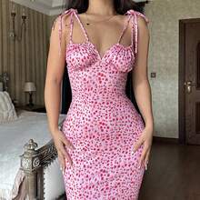 2025 vestido Midi Floral de verano para mujer, vestido con tirantes finos y cuello en V, vestido dividido, vestidos elegantes Vintage sexis para mujer - Rosa - Ver 1