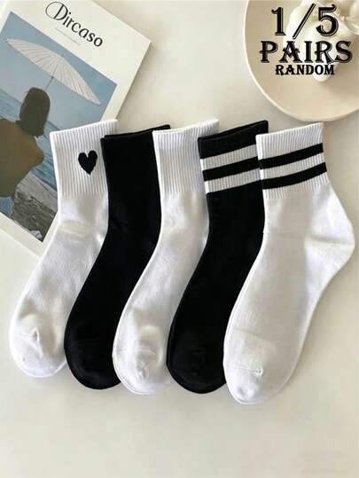 1/5 Pairs [Random Delivery] Classic Black & White Striped Socks, Collegiate Style Sports Mid-Calf Socks, Unisex Minimalist Socks, Black & White Mid-Calf Socks For Women, All-Match Versatile Casual Socks Suitable For Various Occasions All Year Round