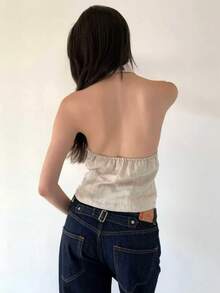 新款亚麻露肩吊带背心，简约设计，露肩无袖上衣，适合下午茶、休闲穿着、约会、度假和海滩等场合。 - 杏色 - 查看 7