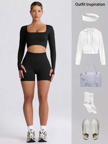 VVX Women's Seamless Sports Yoga Set Long-Sleeved Shorts Thumbholes Slim High-Waist Tummy Control Sports Set - 黑色 - 查看 5