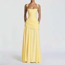 Yellow Elegant Strapless Summer Fitted Dress, Casual Backless Sleeveless Pleated Party Club Dress For Women Wedding Spring - Yellow - View 2