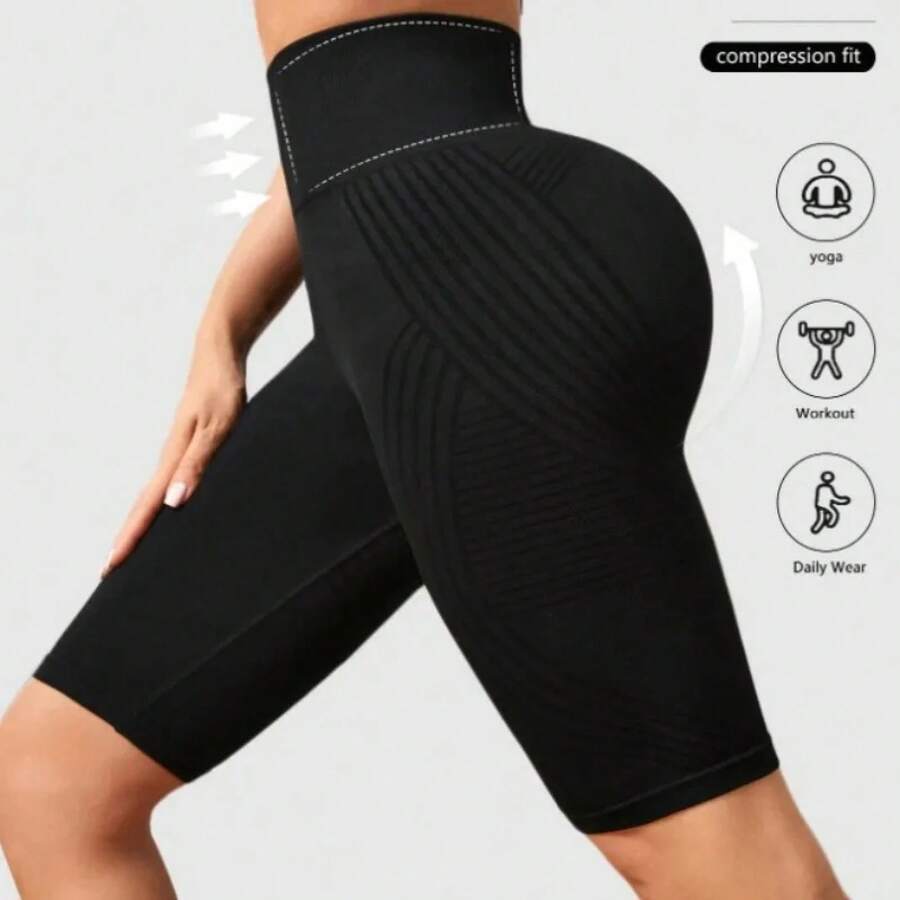 Pantalones cortos de Yoga sin costuras de cintura alta para mujer, pantalones cortos ajustados tejidos para entrenamiento, correr, mallas estéticas lineales, pantalones cortos elásticos para levantar la cadera - Negro - Ver 1