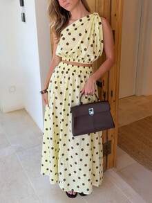 New Elegant Polka Dot 2-Piece Set, Graceful Formal Party, Vacation, Date Night, Suitable For All Seasons With Elastic Waist Summer - Yellow - View 7