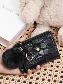 Cartera plegable con cierre de presión de cocodrilo negro, portador de tarjetas con múltiples ranuras, ventana de identificación y bolsillo con cremallera para monedas, decorado con pompón y llavero, organizador minimalista y compacto unisex para uso diario, viajes, compras, escuela, transporte, perfecto como regalo de cumpleaños o Navidad para mujeres, hombres, niñas y adolescentes - Negro - Ver 6