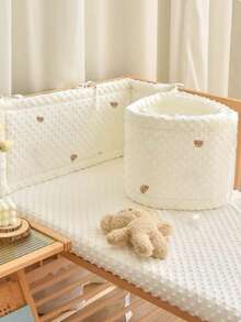 1pc INS Style Baby Crib Bumper Pads, Plush Embroidered Crib Rail Guard, Newborn Anti-Collision Cushion, Bear Pattern - White - View 3