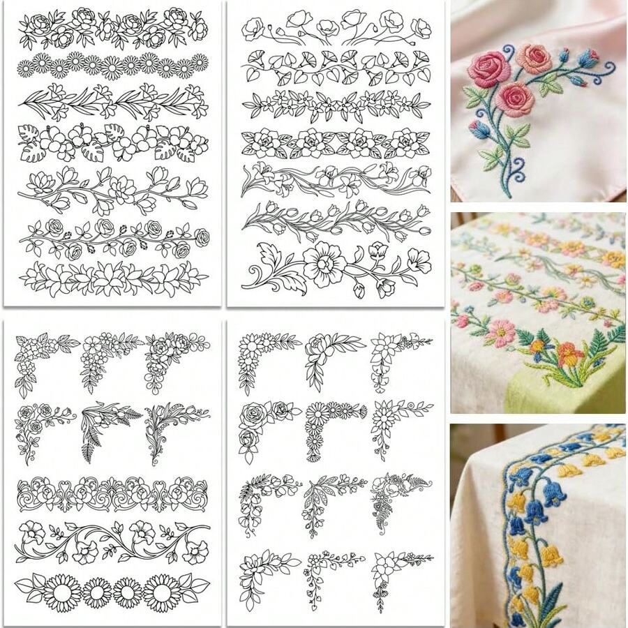 Large Floral Border And Corner Water-Soluble Embroidery Patterns, Stickers And Sewing Embroidery Paper Printing, Stabilizer Suitable For Embroidery Beginners