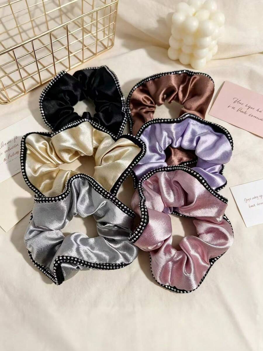 Solid Color Elegant Satin Edged Scrunchie, Versatile Stylish Hair Tie Accessory For Women,Festival,Party - Multicolor - View 1
