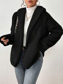 Teddy Plush Coat With Hood And Pockets, New Winter Item, Imported. - 經典黑 - 查看 1
