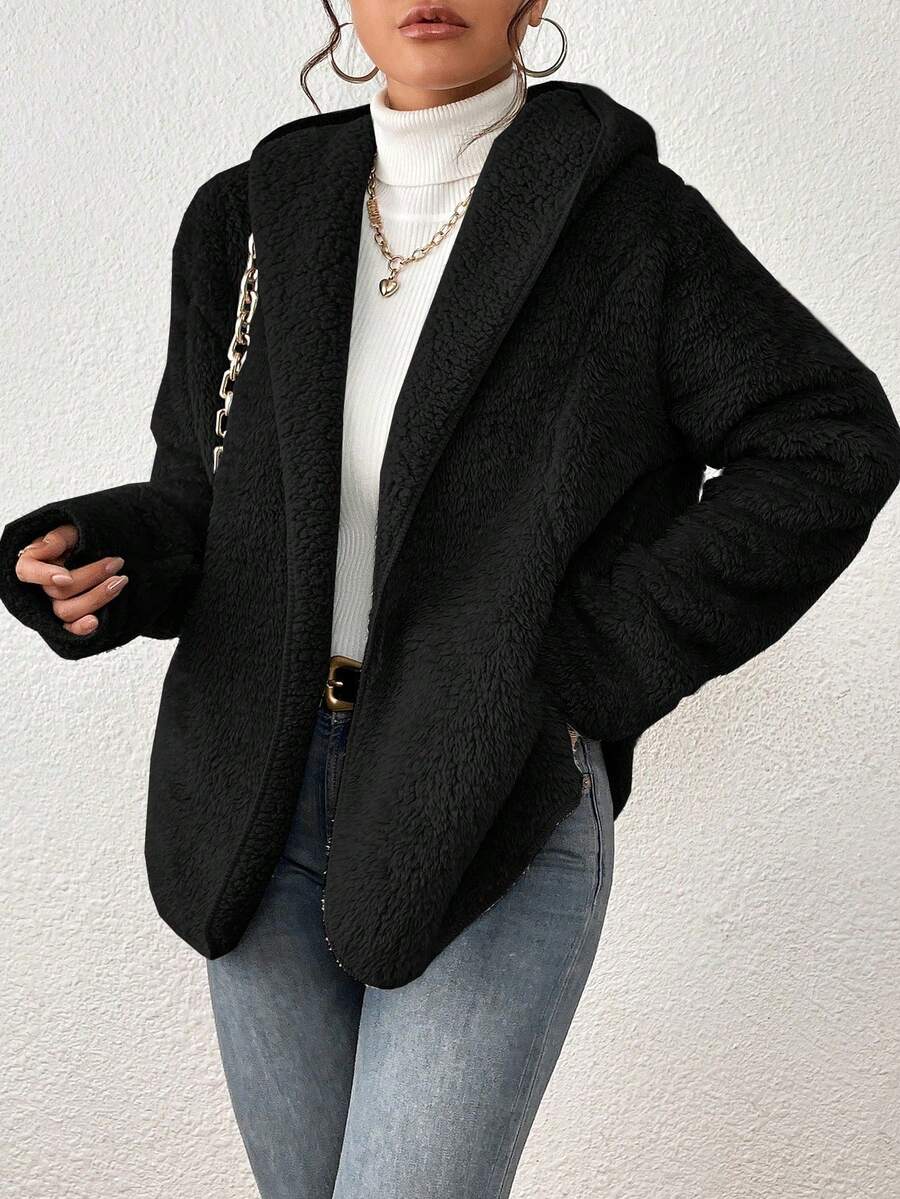 Teddy Plush Coat With Hood And Pockets, New Winter Item, Imported. - 經典黑 - 查看 1