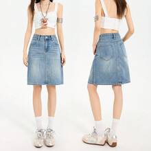Women's High Waist Denim Midi Skirt Slim Fit Embossed Retro Style Casual Spring Summer Skirt - Blue - View 8