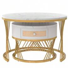 2-In-1 Round MDF Coffee Table, Side Table With Marble Top And Synthetic Rattan Drawers, Solid Wood Handles. Gold Iron Legs. 70 X 70 X 45.5 + 50 X 50 X 38.5 Cm - White - View 5
