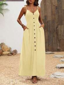 xheBreezaya Vestido casual de cuello en V tipo cami con silueta evasé amplia, estilo de playa maxi para vacaciones, conjunto de ropa de playa para mujeresxhe - Albaricoque - Ver 5