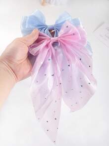 6pcs Random Solid Color Rhinestone Mesh Bow Hair Clips, Elegant Long Tail Big Size Hairpins, Cute Girl Princess Hair Accessories For Daily Wear And Party - Multicolor - View 7