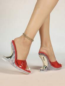 European And American Car Model Sexy Transparent Crystal Wedge Breathable New Sandals - Red - View 4
