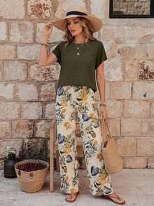 Conjunto de dos piezas para mujer, blusa casual de cuello redondo color amarillo sólido y pantalones anchos con estampado floral, estilo versátil y cómodo, ideal para primavera, otoño, uso diario, salidas y vacaciones - Multicolor 6 - Ver 1