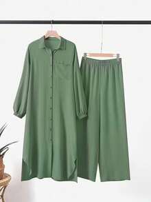 Women's Elegant Casual Solid Color Button Design Long Jacket With Lantern Sleeves And Wide Leg Pants Set, Fashionable Casual Cute Style Dress, Suitable For Spring, Summer, Autumn And Winter - Green - View 6