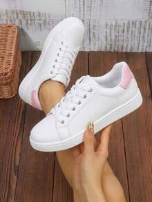 Comfortable Women's White Sneakers – Arch Support Lace Up Low Top Walking Shoes, Dressy Casual Tennis Shoes For Travel Or Everyday Wear - trắng hồng - Xem 1