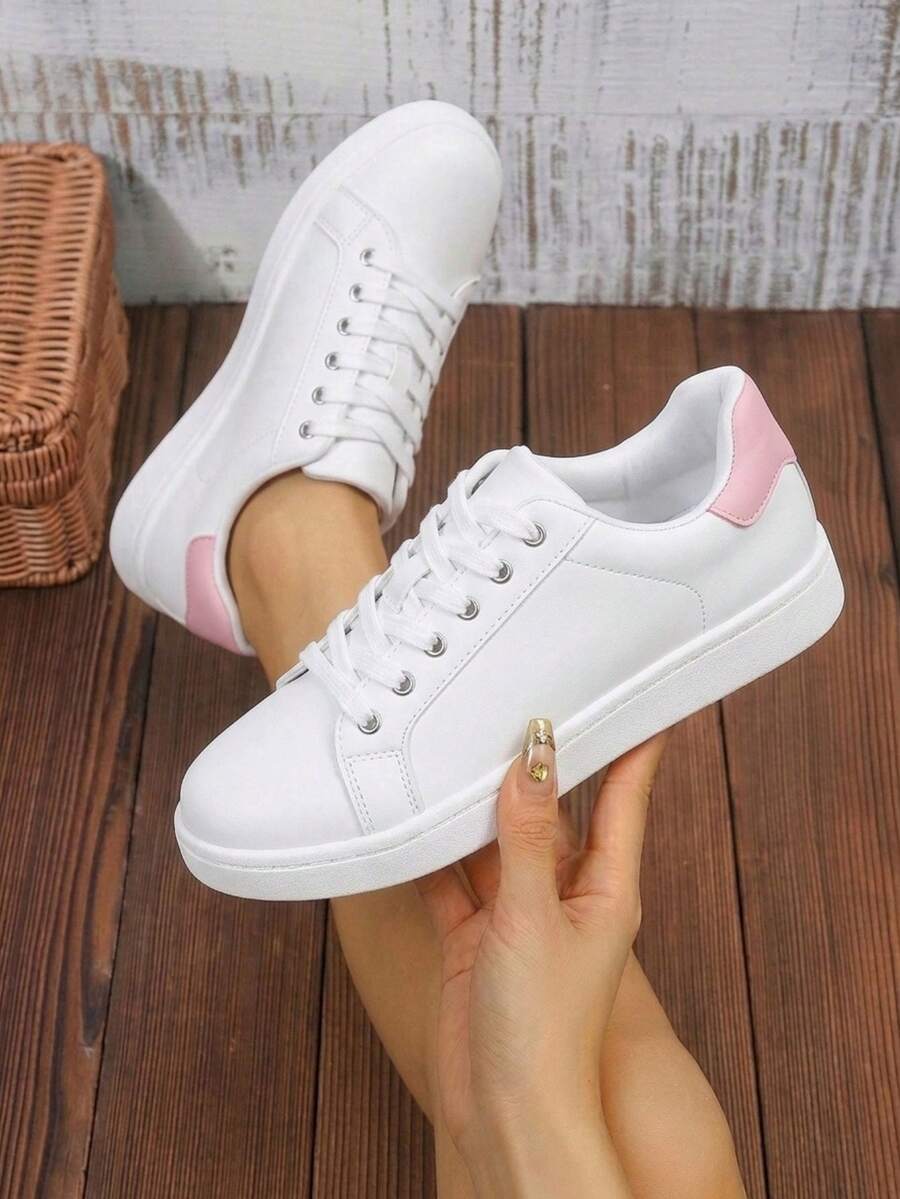 Comfortable Women's White Sneakers – Arch Support Lace Up Low Top Walking Shoes, Dressy Casual Tennis Shoes For Travel Or Everyday Wear - trắng hồng - Xem 1