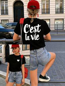 GiftGiftGraphic Tees Women's Short Sleeve T-Shirt, Front And Back Print, European And American Style Letter Print, Round Neck, Summer/Spring Style, Loose Fit, Sexy, Sweet And Cute Women's T-Shirt, Modern And Simple Design, Suitable For Women To Wear On Dates And Meetings, Urban Style Short Sleeve T-Shirt For Women, Lightweight And Breathable Fabric, 100% Cotton. - 黑色 1 - 查看 3