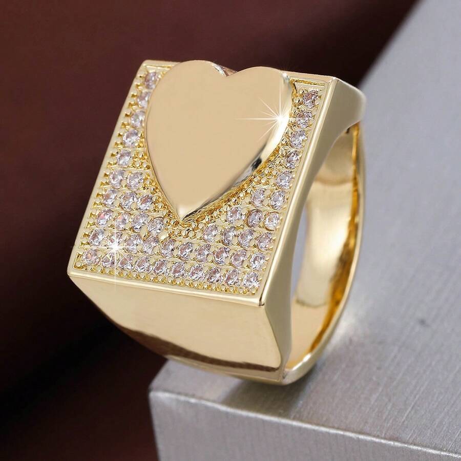 1 chiếc nhẫn nữ hình trái tim vuông rộng, đính đá Cubic Zirconia. - Nhiều màu - Xem 1