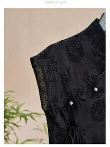 Camisa fina Retro nuevo estilo chino Cheongsam Top negro Jacquard Camiseta de manga corta verano moda madura ropa de mujer - Negro - Ver 3