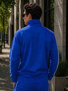 Men's Contrast Pipe Side Stripe Solid Color Zip Up Track Jacket Activewear Top - Blue - View 3
